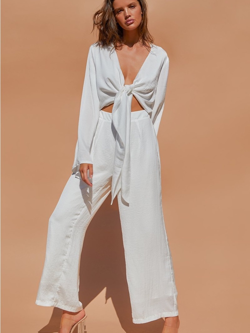 Sndys Elegant White Tie-Front Wide-Leg Jumpsuit Bell Sleeves